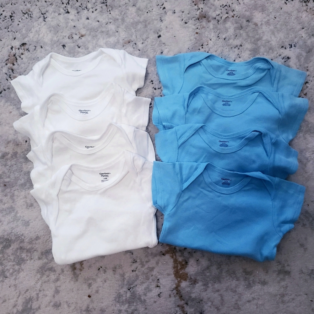8-Pack Onesies Gerber Organic White & Blue Short Sleeve Bodysuits